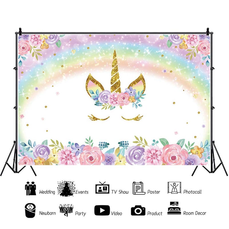 DASHAN 7x5ft Polyester Unicorn Backdrop Rainbow Baby Girl 1st Birthday Cake Smash Glitter Gold Sequins Rustic Flower Photography Background Flower Unicorn Birthday Party YouTube Photo Prop - Image 4